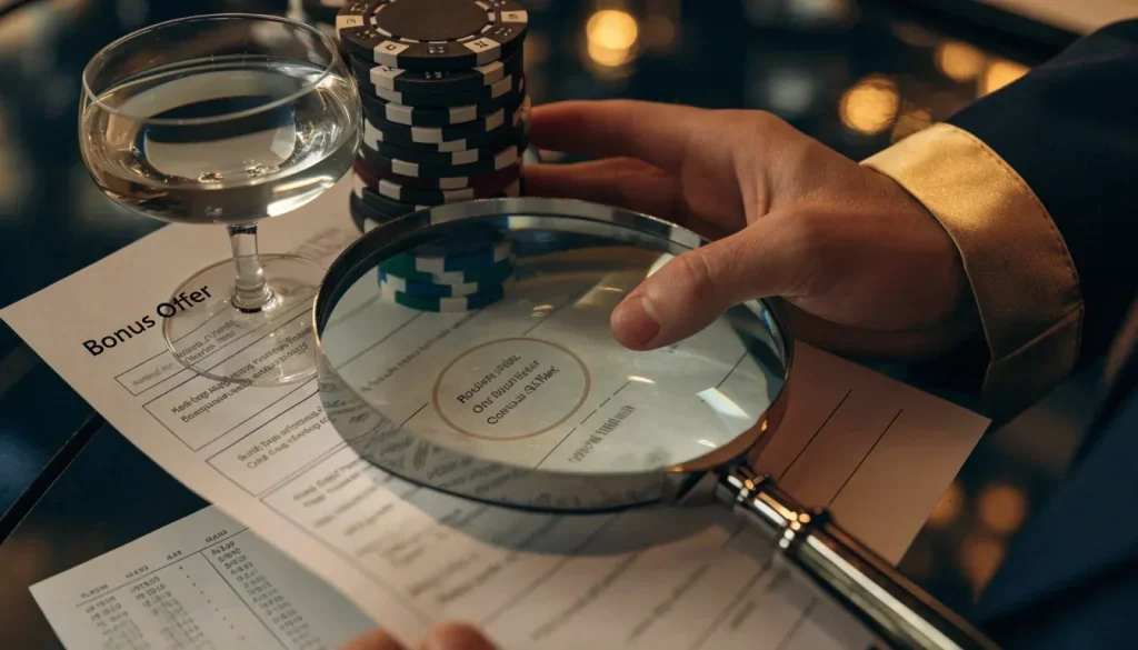 Hands inspect blurred bonus terms with chips and magnifying glass