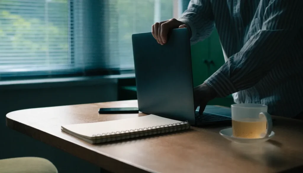 Frustrated UK adult turns laptop away from view at kitchen table