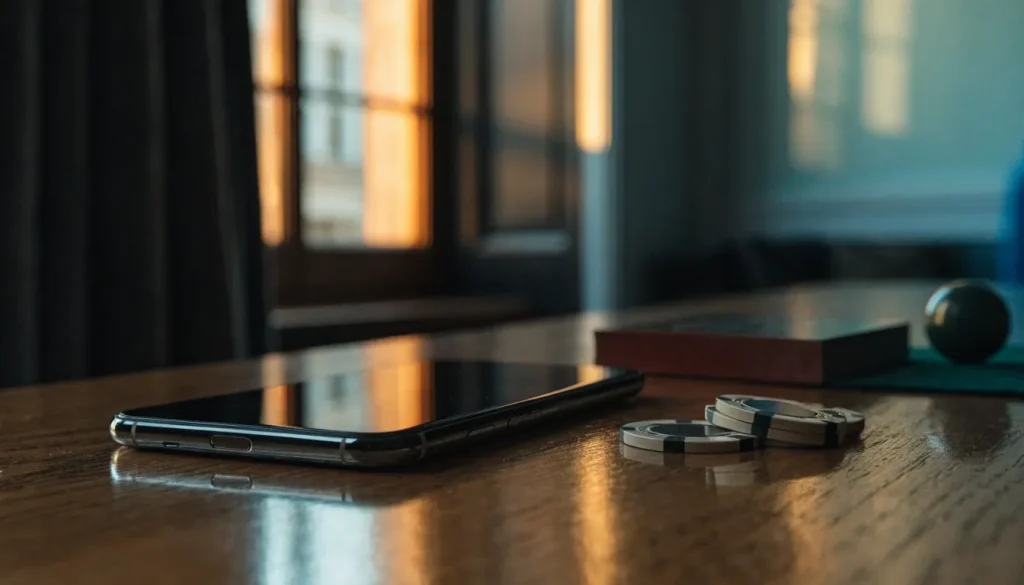 Face-down smartphone beside casino chips in an elegant London interior