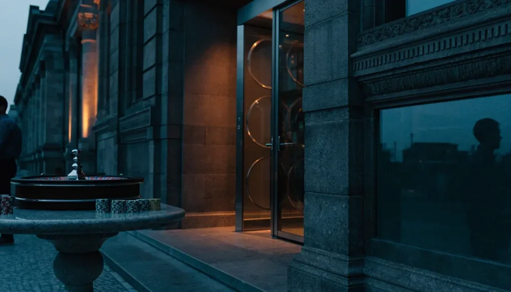 Premium European casino entrance with subtle gambling objects