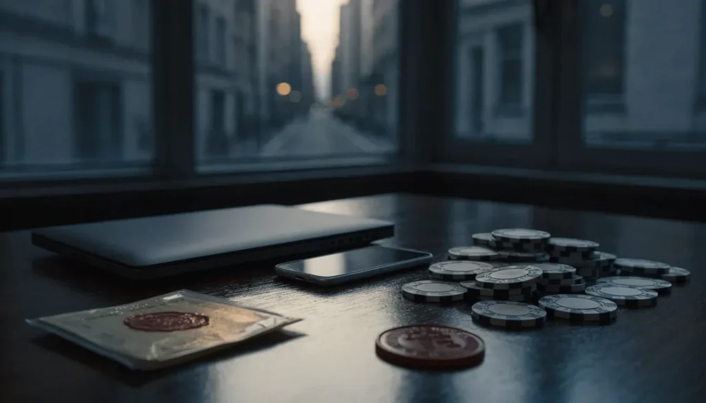 Closed devices, casino chips and an unreadable licence document on a UK desk