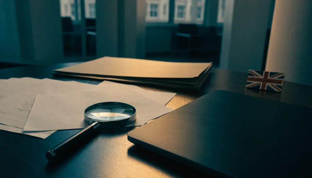 Casino compliance investigation desk with closed laptop and official documents