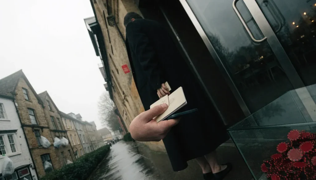 Anonymous visitor holding a passport outside a casino on a rainy British street
