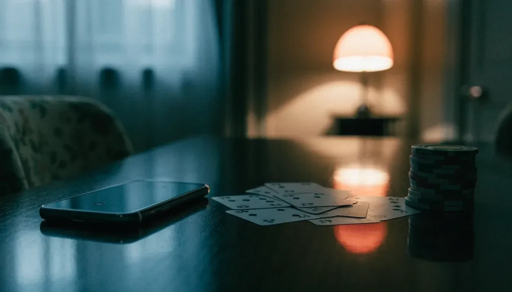 Smartphone face-down on a table with playing cards and casino chips under moody lighting
