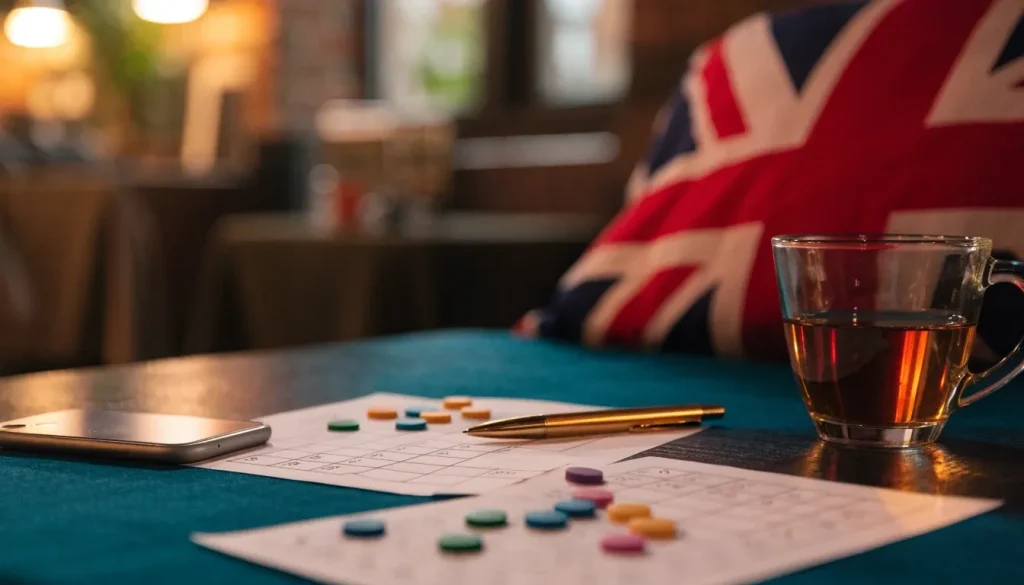 Face-down smartphone with bingo grids and tea in a warmly lit British setting