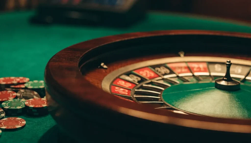 European roulette wheel with green zero and casino chips