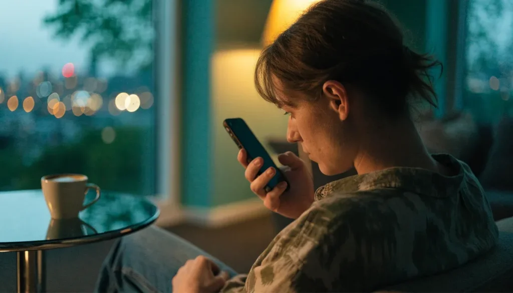 British adult relaxing with a smartphone in a modern London flat