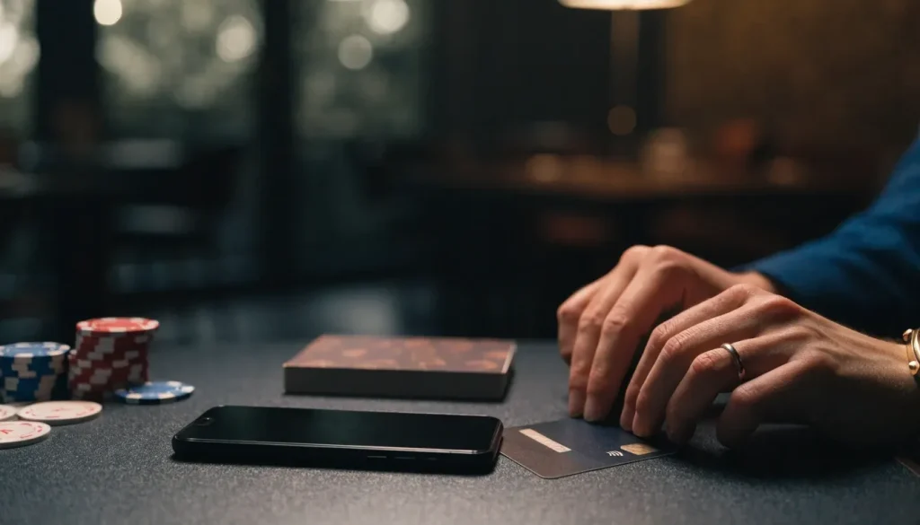 Adult player making a repeat deposit with casino chips and a hidden smartphone screen