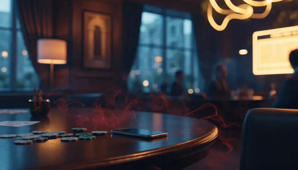 Elegant UK casino tournament lounge with smartphone, chips, and cards