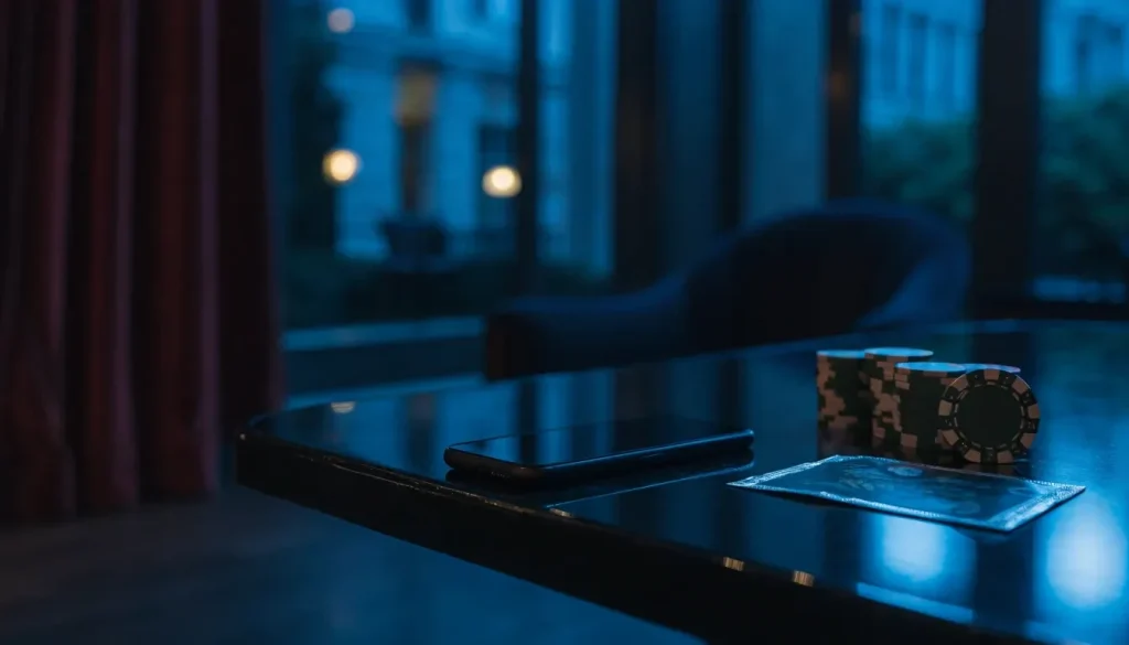 Smartphone face down beside casino chips and a bonus card