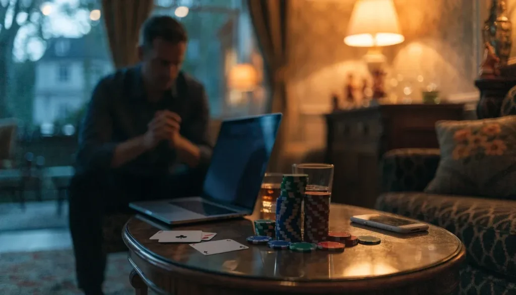 Laptop with stacked casino chips and playing cards on a British living room coffee table