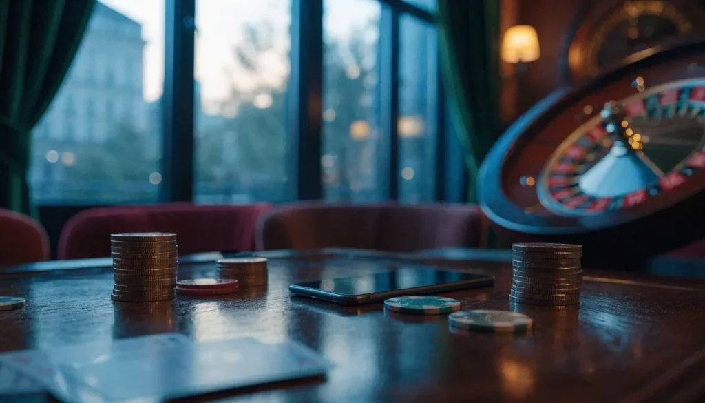 Elegant UK casino lounge with bonus-themed coins and hidden smartphone