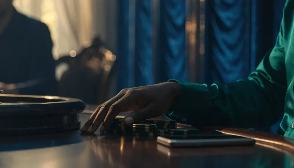 Elegant UK casino scene with chips, roulette and bonus-themed smartphone.