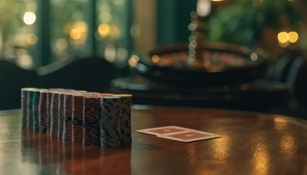 Casino table with stacked chips and face-down cards in warm lighting