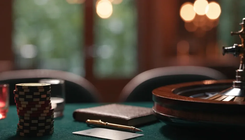 Stacked casino chips, face-down playing cards and a roulette wheel on green felt with warm golden bokeh lighting.