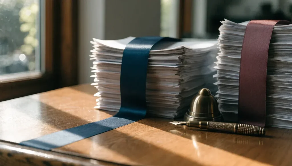 Two separate stacks of bound official documents on a wooden desk under soft window light.