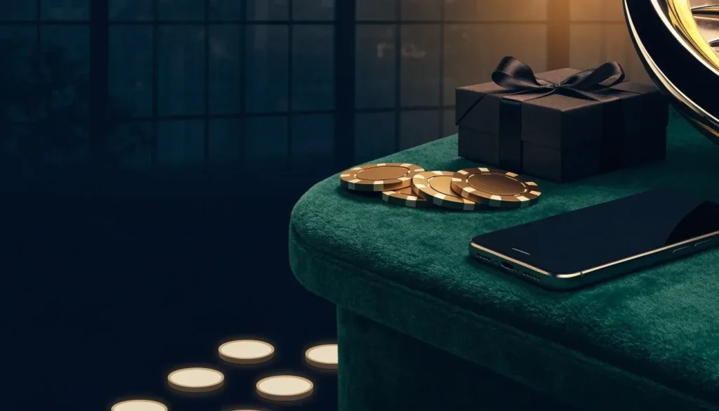 Face-down smartphone, gold chips, gift box and roulette detail in a luxurious British casino setting.