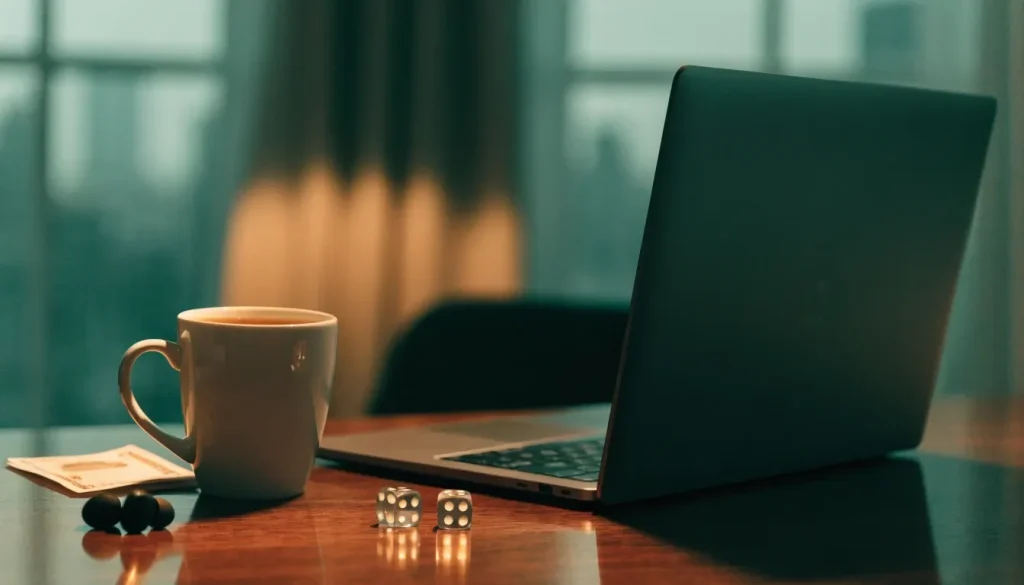 Closed laptop, tea, dice, and pound notes on a desk