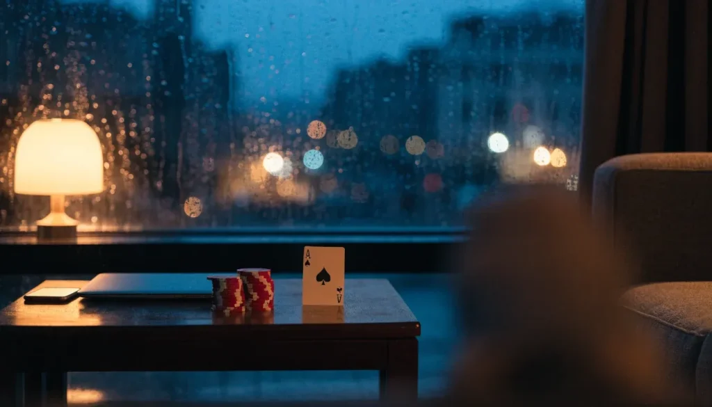 Casino chips and playing card beside a face-down smartphone on a London apartment coffee table at dusk.