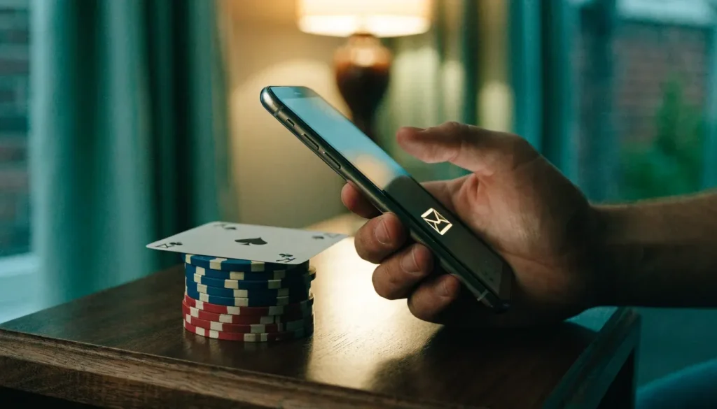 Hand holding a smartphone with an SMS notification beside casino chips on a table