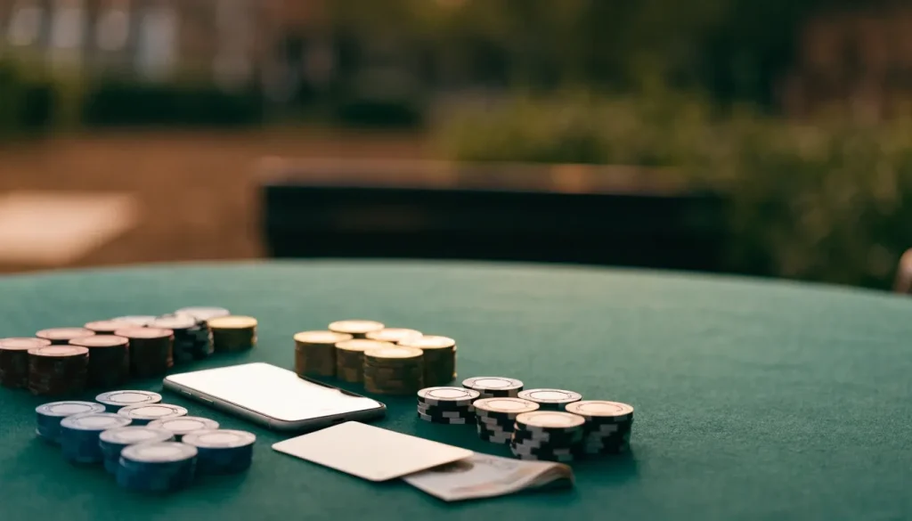 Small casino deposits represented by chips, payment card and closed smartphone.