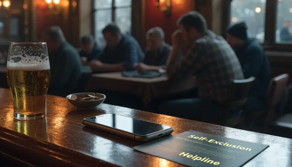 Smartphone face-down on a British pub bar beside a pint and a self-exclusion leaflet, conveying a reflective mood about gambling choices.