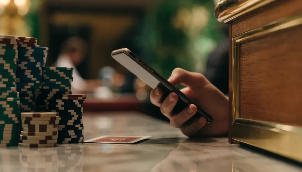Hand holding a smartphone at a UK casino cashier counter with chips and a card nearby