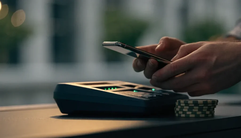 Mobile phone beside casino chips and payment terminal
