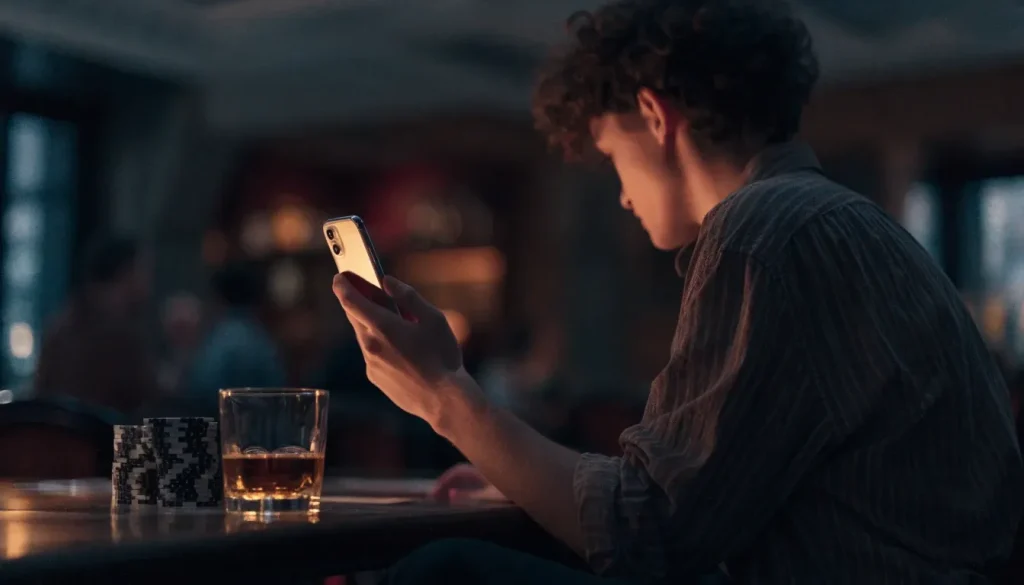 Person using a smartphone at a stylish UK casino lounge table with chips