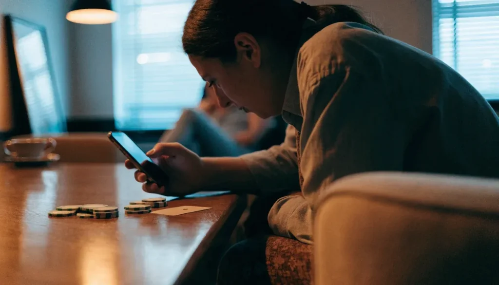 Person holding a smartphone near poker chips in a British setting