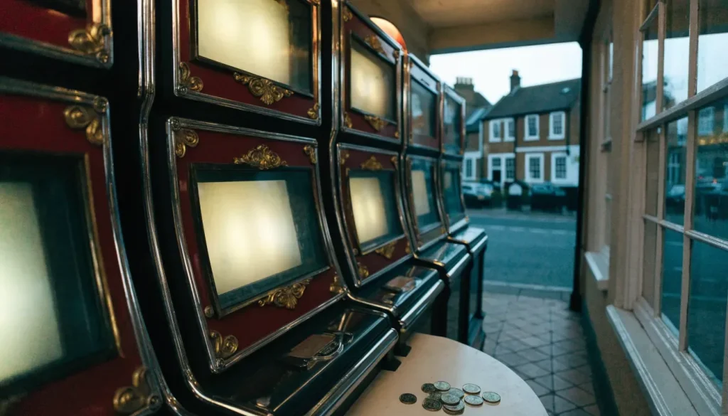 Row of British penny slot machines with coins on a counter