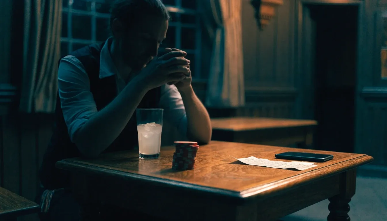 Reflective gambler paused in a quiet British pub at closing time