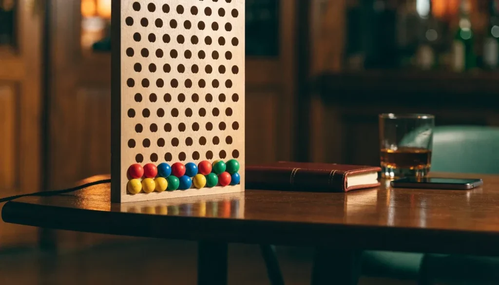 Physical Plinko board on a wooden table in a warm, dimly lit UK pub-style setting.
