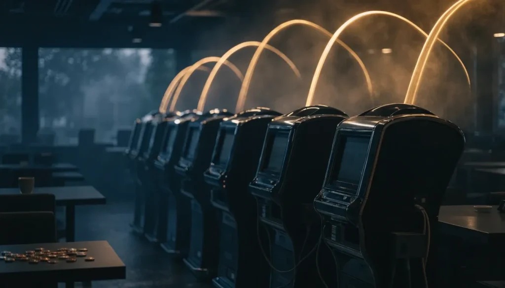 Connected slot machines with rising golden light suggesting a growing jackpot