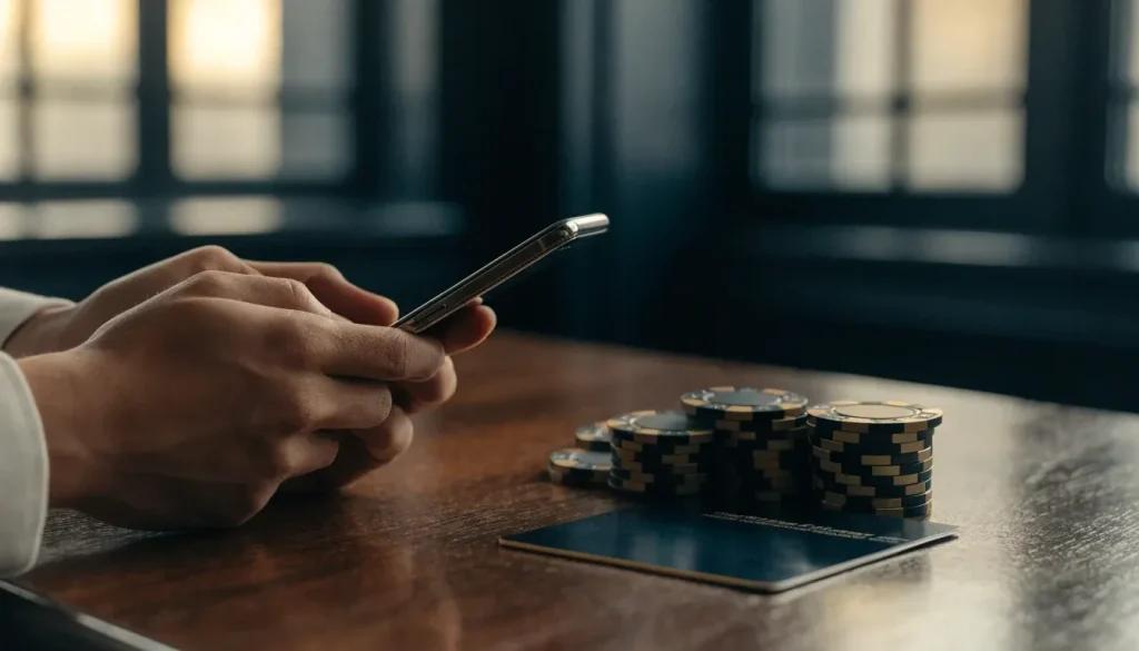 Hands holding a turned-away smartphone beside casino chips and payment card