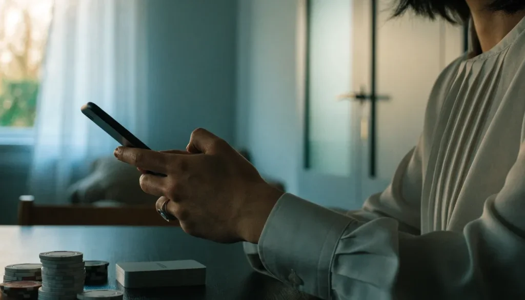 UK player checking a smartphone beside neutral casino objects