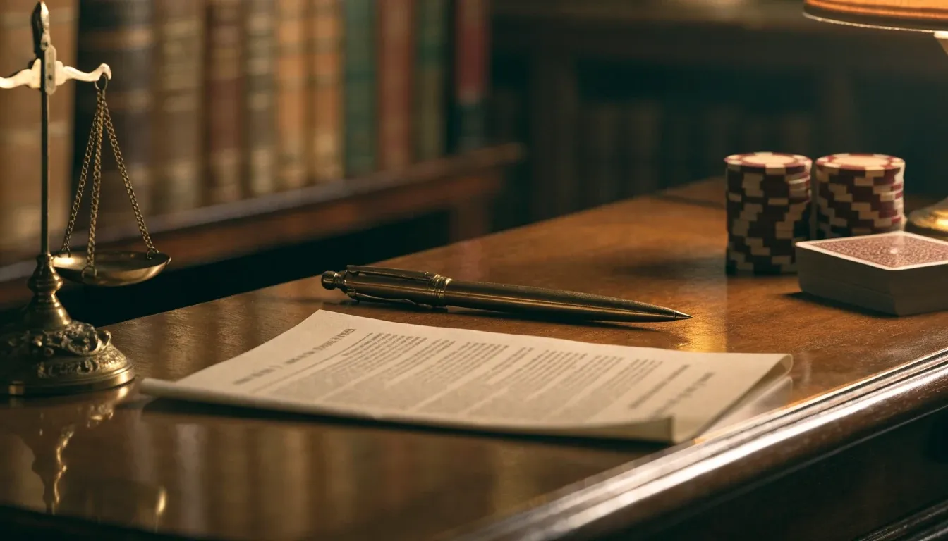 Mahogany desk with scales of justice, document, pen and poker chips in a British study