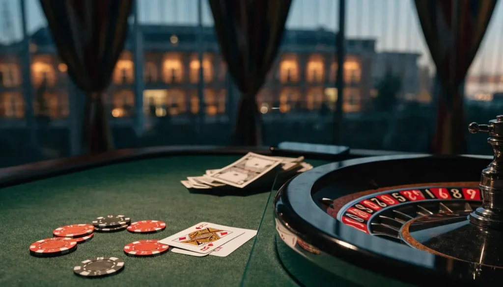 Elegant UK casino table with roulette equipment and a face-down smartphone