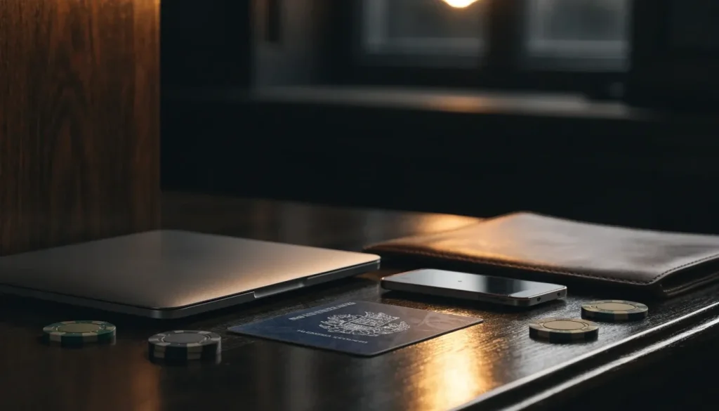 Licence verification desk with closed devices, identity document and unbranded chips