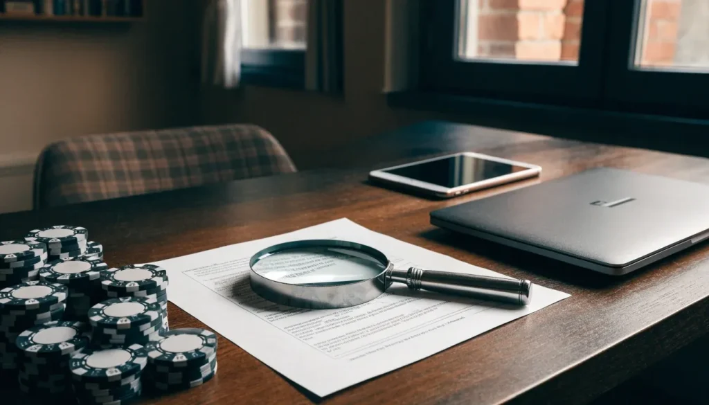 Desk with concealed device, casino chips, magnifying glass and licence document