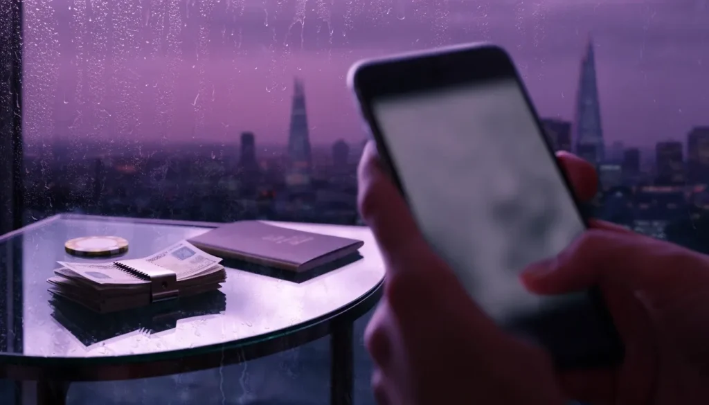 Hand holding a smartphone near British pound banknotes, a casino chip, and a passport on a London side table.