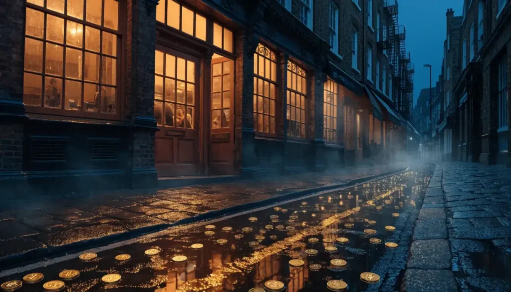 London betting shop at night with glowing crypto coins on wet cobblestones