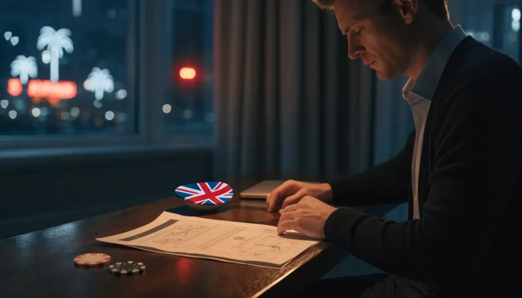 UK player reviewing a US-themed offshore casino document at a desk