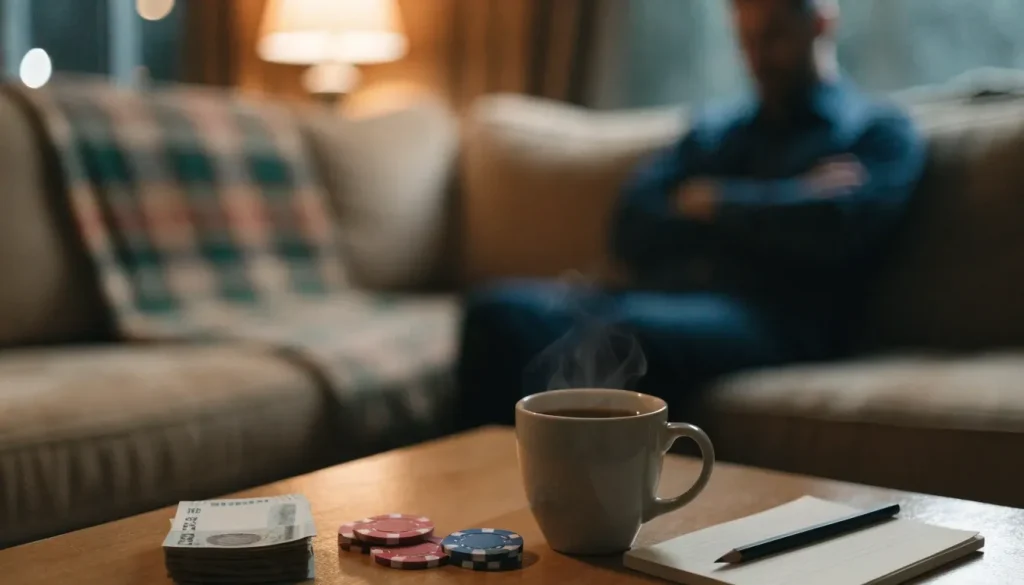 Pound notes, casino chips and a notebook on a coffee table in a British living room.